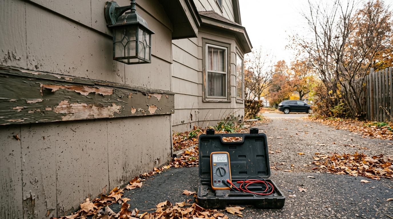 Digital multimeter in an open tool case beside weathered siding and an aging exterior light fixture on a Minnesota home