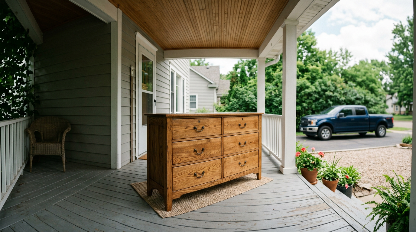 Restored solid oak dresser with warm natural wood grain on the covered porch of a Minnesota home