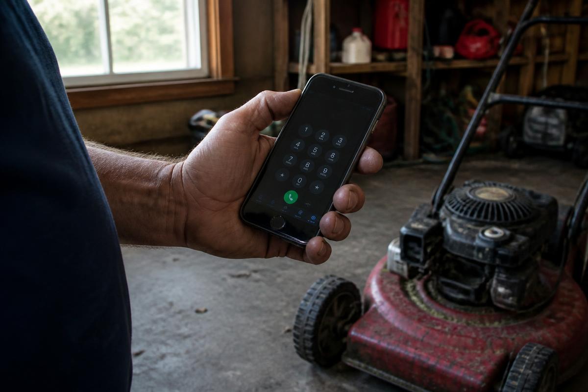 Weathered hand holding a phone on a dialing screen in a home garage next to a broken lawn mower