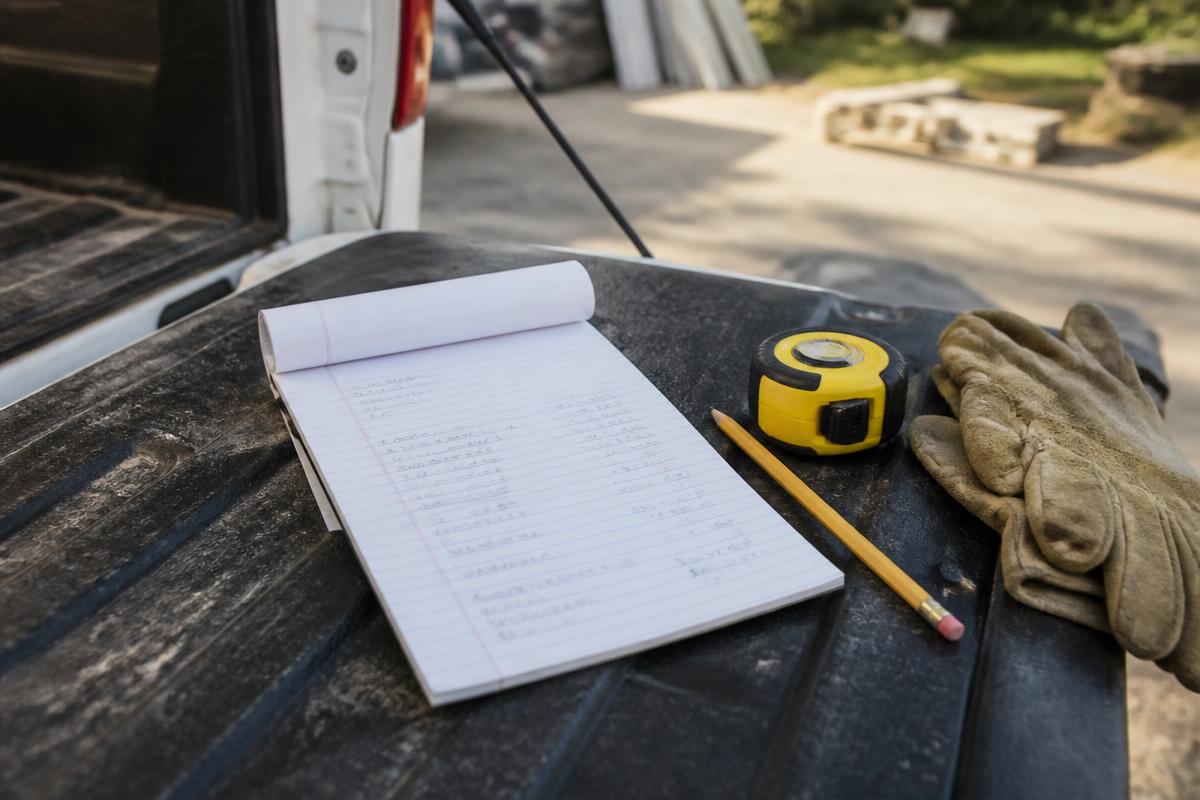 Handwritten repair estimate on a notepad resting on a truck tailgate beside a tape measure and pencil