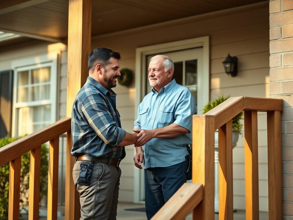 Handshake between a customer and a repair technician in a garage doorway