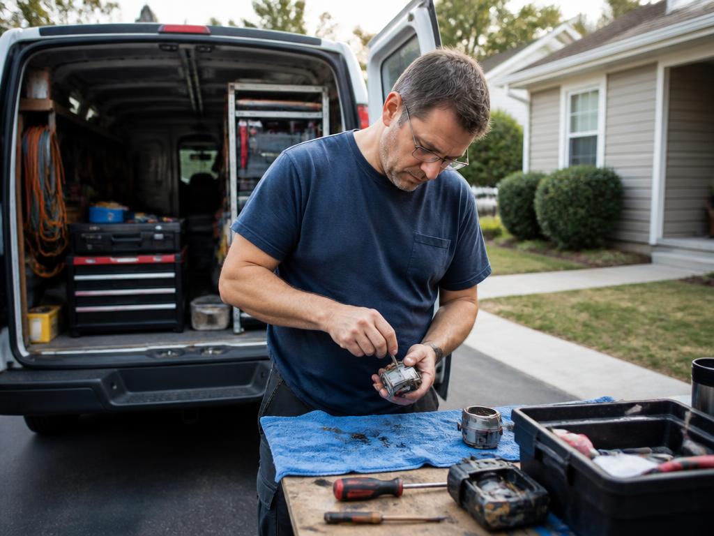 Carl working alone at a mobile repair setup in a residential driveway, focused on a small repair job beside his open work van
