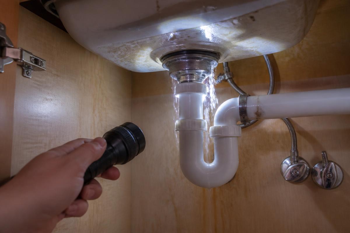 Flashlight beam revealing a leaking pipe under a kitchen sink during a repair assessment