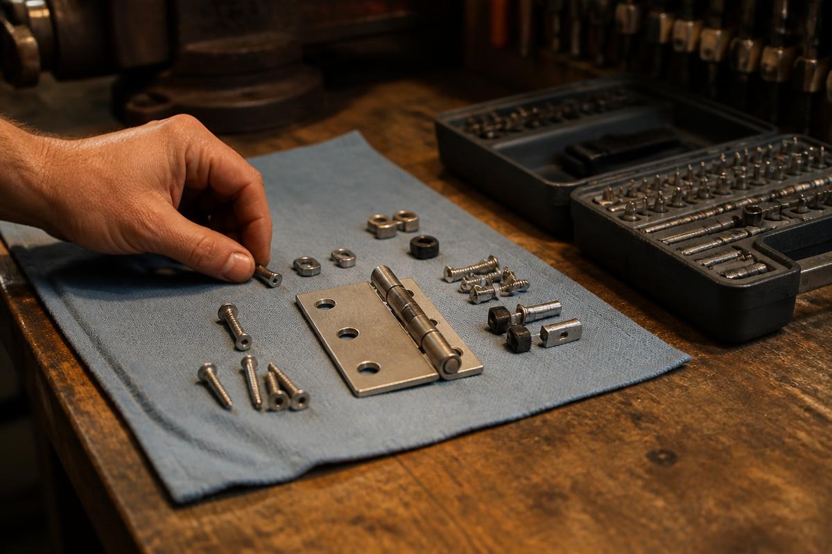 Replacement hinge, screws and fittings laid out on a shop rag beside a driver bit set