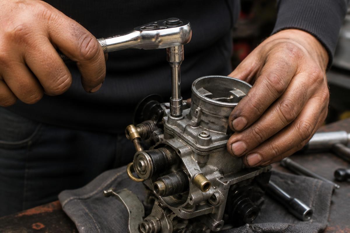 Oil-stained hands tightening a bolt on a small engine carburetor with a socket wrench